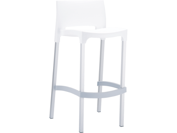 A modern white high stool with a minimalistic design. The stool has a square seat, a low backrest for support, and four slender legs with footrests in a curved shape. Suitable for kitchen islands or bar counters.