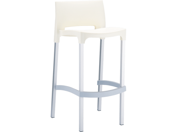 A modern, minimalist white bar stool with a thin seat and no armrests. It has four slender legs, a small curved backrest, and a footrest. The design features clean, straight lines and a slightly curved support connecting the front legs.