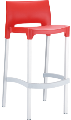 A modern barstool with a red seat and backrest, featuring white legs and footrest. The design is minimalist with clean lines, and the seat appears to be made of plastic materials.