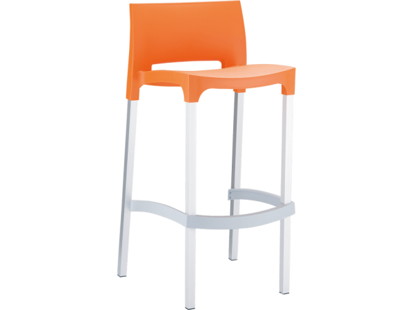 An orange bar stool with a backrest and four white legs. The stool has a modern design with a slightly curved seat and a rectangular gap between the seat and the backrest. There is also a horizontal metal bar connecting the front legs, serving as a footrest.