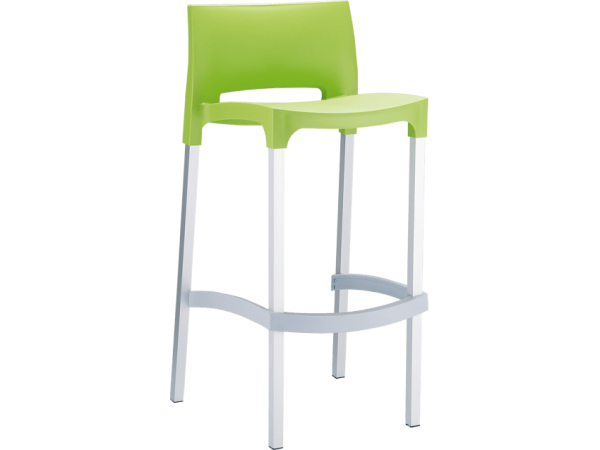 A modern bar stool with a lime green seat and backrest. The stool has four white legs connected by a grey footrest. The design is sleek and minimalistic.