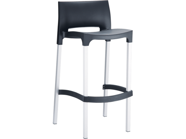 A modern, minimalist bar stool with a black seat and backrest, supported by four sleek white legs. The footrest, also in black, is attached to two of the legs, creating a clean, contemporary design.