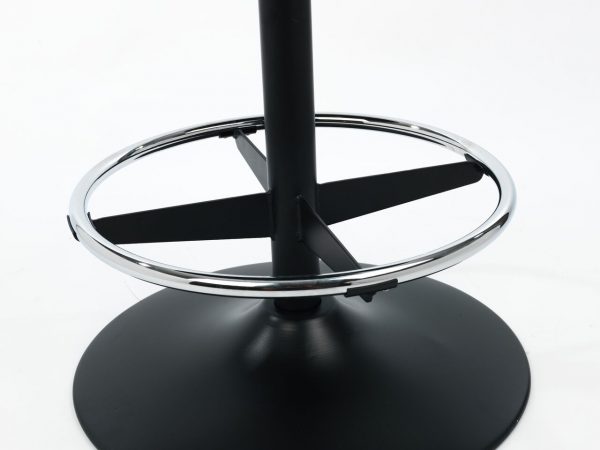 A close-up image of a modern stool base. The base is black and circular with a chrome footrest ring attached to the central support pole. The footrest is supported by four black spokes connecting the pole to the ring. The background is white.