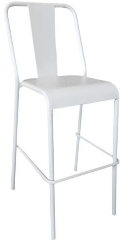 The Lucy Chair is a tall, white metal bar stool with a simple, minimalist design. It features a backrest, a square seat, and four straight legs connected by horizontal support bars.