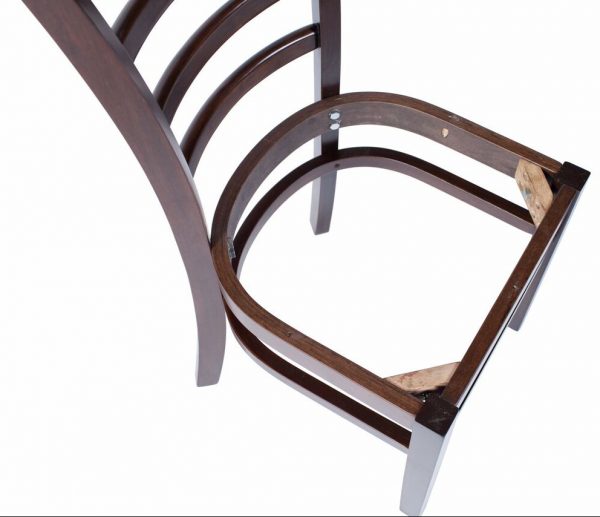 An unassembled wooden chair frame with a curved backrest and no seat cushion. The frame is dark brown, with visible screws and wooden supports. The chair is set against a white background.