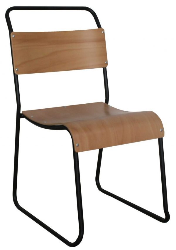 A simple wooden chair with a metal black frame. The chair features a curved wooden seat and backrest, both attached to the frame with visible screws. The chair has a minimalist and modern design, with no armrests and a sled base for support.