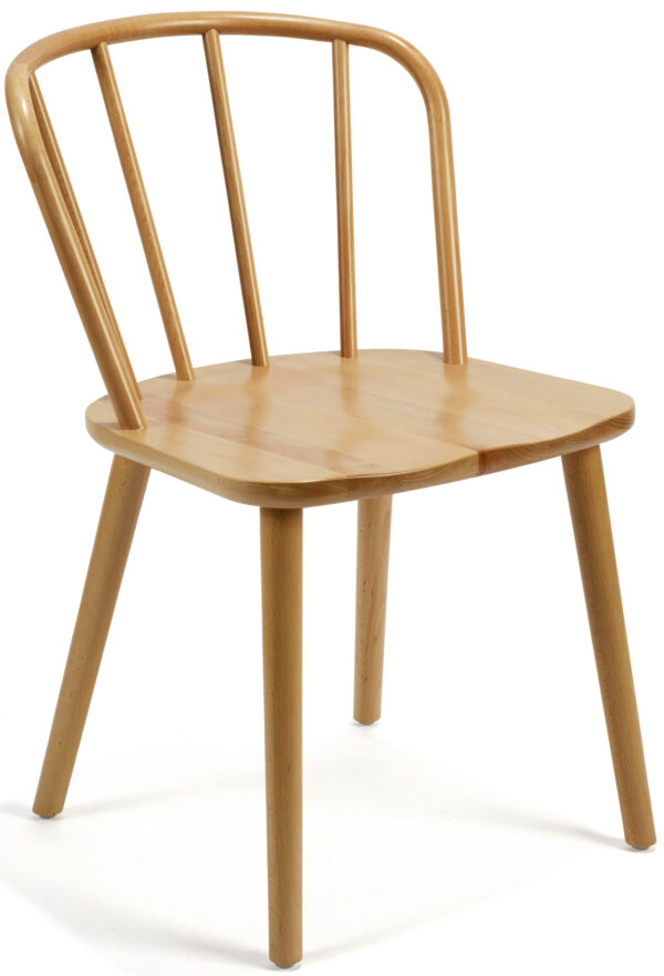 The Spoke Chair is a wooden piece with a polished finish, showcasing four straight legs, a flat seat, and a rounded backrest accented by three vertical slats. Its simple, sturdy, and functional design makes it ideal for various settings.