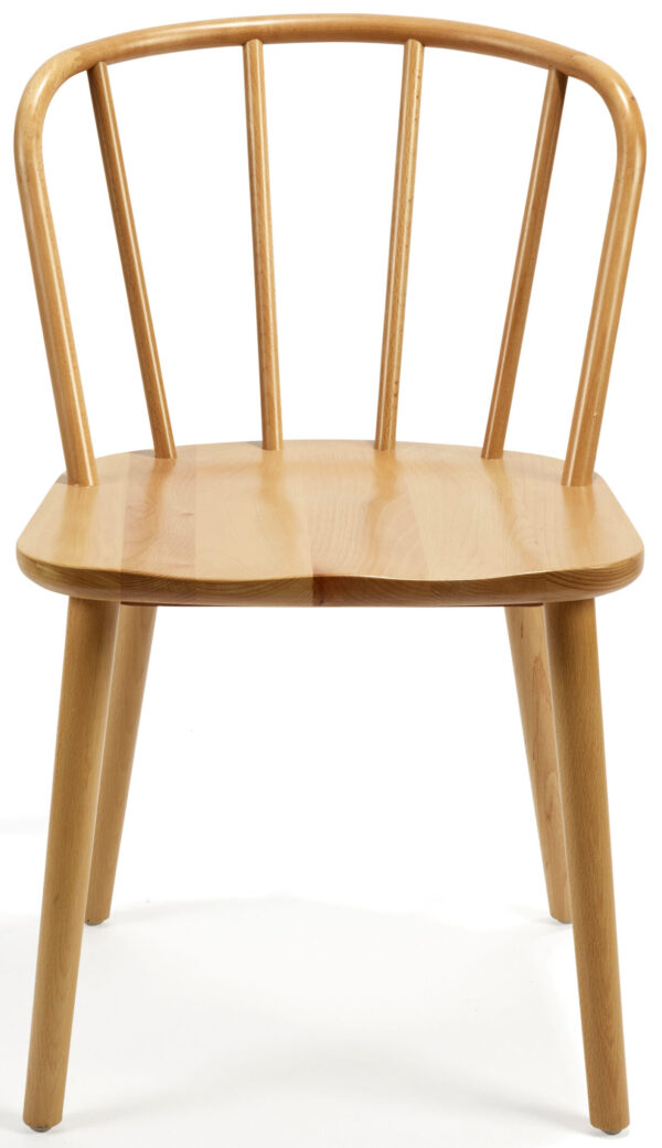 The Spoke Chair is a wooden chair with a natural finish and a minimalistic design, featuring a curved back with evenly spaced vertical slats and four tapered legs.