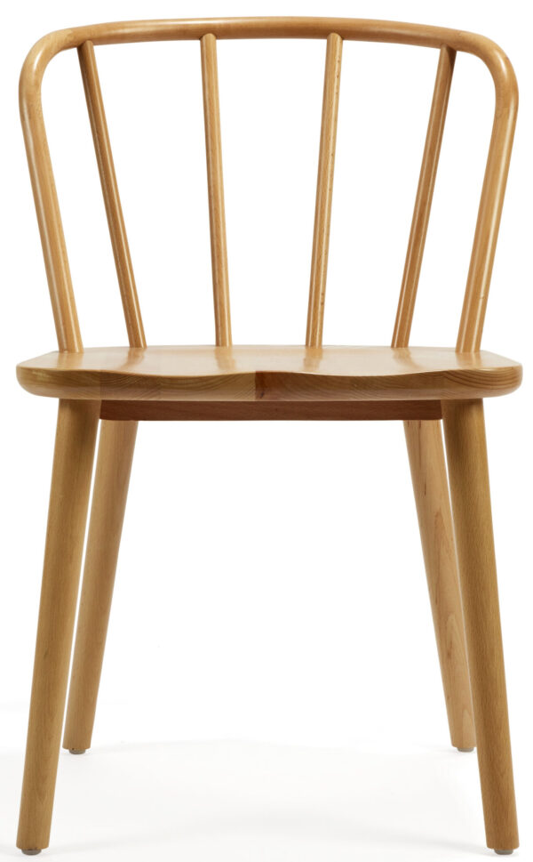 The Spoke Chair is a wooden chair featuring a simple, minimalist design. It boasts a curved backrest supported by five vertical spindles and a flat, slightly curved seat. The chair stands on four straight legs and has a light wood finish.