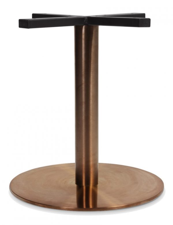 A modern, metallic table base with a cylindrical bronze-colored stem, a round bronze base, and a black cross-shaped top attachment meant for securing a table surface. The design combines sleek, industrial aesthetics with a polished finish.