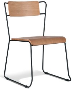 A modern, minimalist chair with a wooden seat and backrest. The chair features a black metal frame with thin, square legs. The design is sleek and simple, combining natural wood and metal elements.