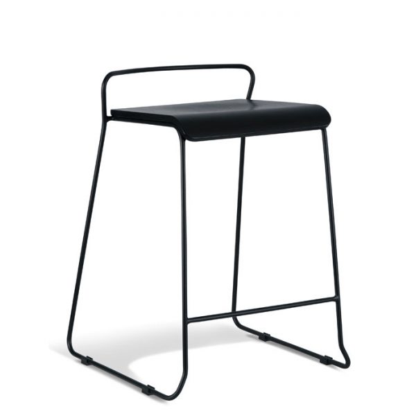 A modern black metal bar stool with a minimalist design featuring a rectangular seat and a low backrest. The stool has a sleek, thin frame with a footrest and sturdy support legs. The seat has a subtle leather or faux leather finish.