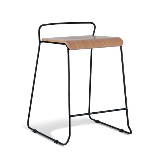 A modern bar stool with a minimalist design. It has a black metal frame and a simple wooden seat, with the backrest integrated into the metal frame. The legs are angled and connected by horizontal supports near the bottom. The overall style is sleek and contemporary.