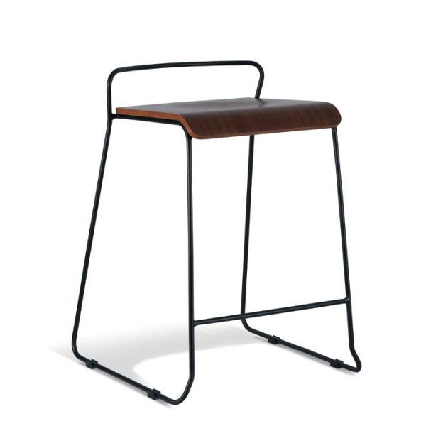 A modern bar stool with a minimalist design featuring a black metal frame and a seat made of dark wood. The seat has a slightly curved shape and the stool has a backrest made of a single metal bar. The legs of the stool are slightly splayed for stability.