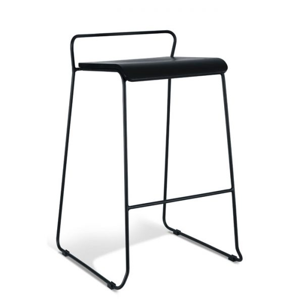 A modern black bar stool with a minimalist design, featuring a sleek metal frame and a simple, flat seat. The stool has a low backrest in the form of an upper rail, and its legs are angled outward for stability. The overall aesthetic is clean and contemporary.