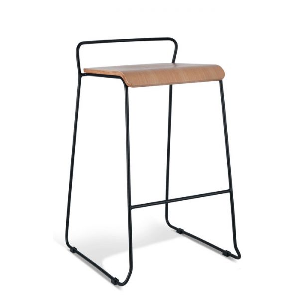 A minimalist bar stool with a wooden seat and a slender, black metal frame. The backrest is a simple, curved metal bar, and the legs are slightly angled outward, connected by a horizontal footrest. The design is sleek and modern.