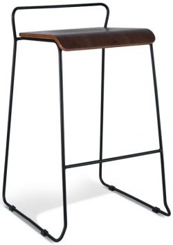 A modern stool with a minimalist design, featuring a smooth wooden seat and a sleek black metal frame. The stool has a backrest formed by the metal frame curving upward and back legs that align at an angle with the straight front legs.