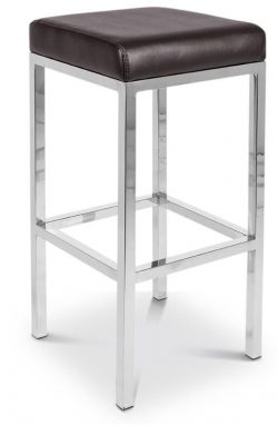 A modern bar stool featuring a padded dark brown square seat and a sleek, silver metal frame with four legs connected by horizontal supports for stability. The design is minimalist and contemporary.