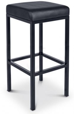 A modern bar stool with a black, cushioned square seat and slim, black metal legs. The stool features a minimalist design with a footrest connecting the legs a few inches below the seat for added support and comfort.