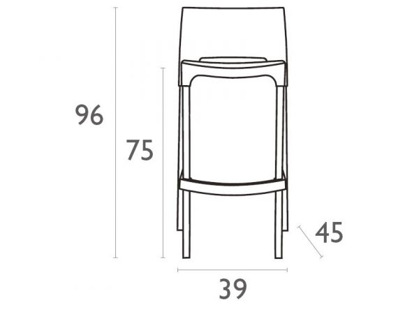 A black and white technical drawing of a chair shown from the front view. The chair's overall height is labeled as 96 cm, seat height as 75 cm, depth as 45 cm, and width as 39 cm.