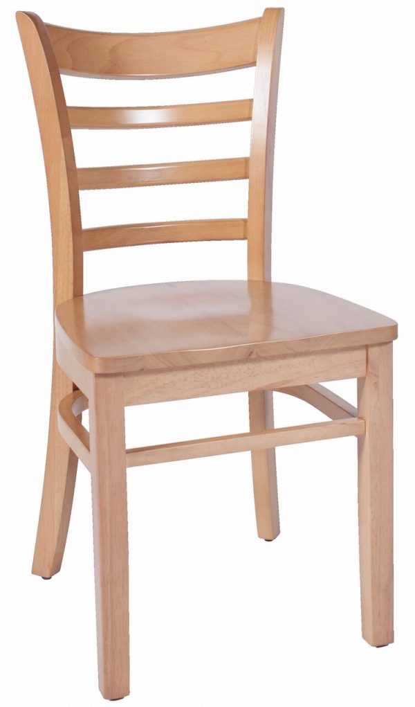 A wooden chair with a light brown finish featuring a ladder back design and a flat, rectangular seat. The chair has a simple, sturdy structure with four straight legs and cross-supports for additional stability.