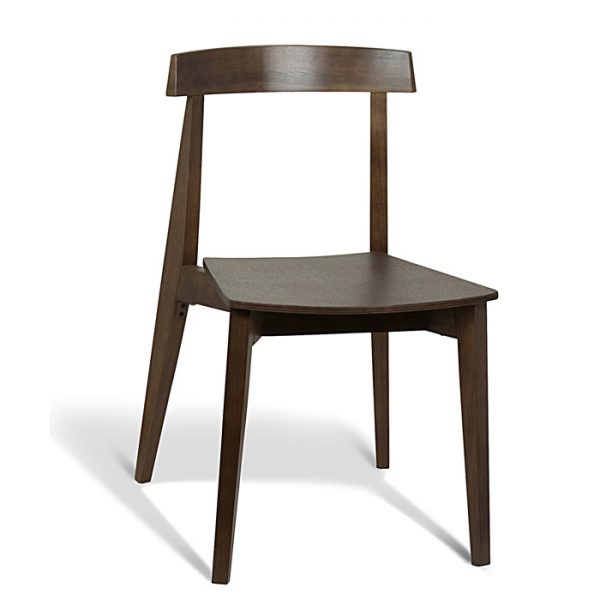 A sleek, modern brown wooden chair with a broad, slightly curved backrest and four straight legs. The minimalist design features clean lines and a dark wood finish. The chair is placed against a plain white background.