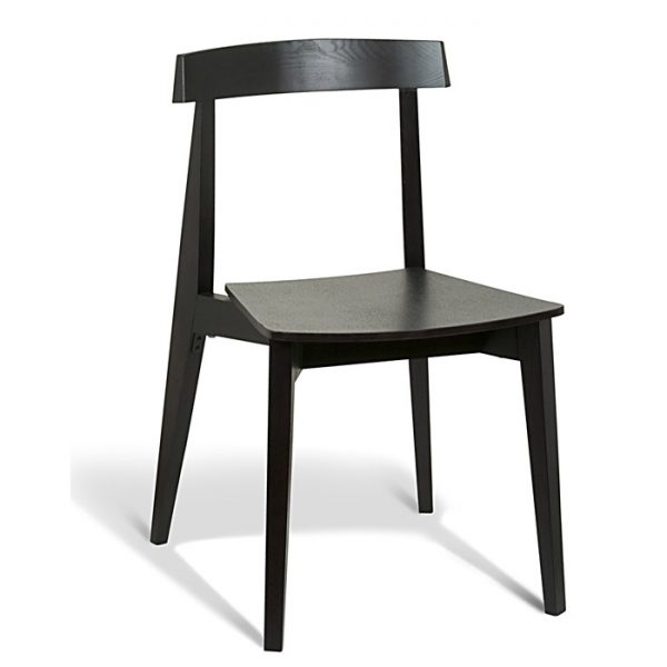 A modern black wooden chair with a minimalist design, featuring a slightly curved backrest and a square, flat seat. The chair has four straight legs, providing a simple but stylish look.