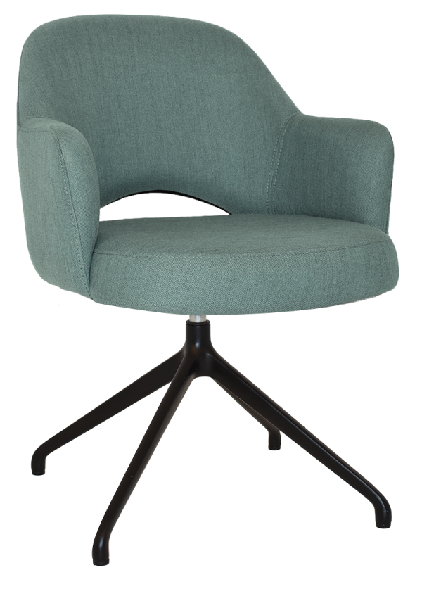 Introducing the Albury Trestle Armchair: a modern, teal fabric upholstered swivel chair featuring a curved backrest with a sophisticated cutout design. It is supported by a sleek, black metal base with four outward-extending legs. This contemporary piece seamlessly fits into both office and home environments.