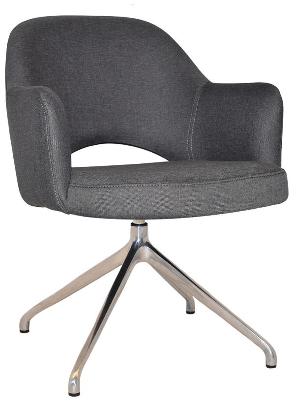 The Albury Trestle Armchair is a modern, upholstered office chair with dark gray fabric. It features a curved backrest and armrests, supported by a sleek, silver-colored, four-legged metal base. The chair’s design beautifully combines both comfort and style.