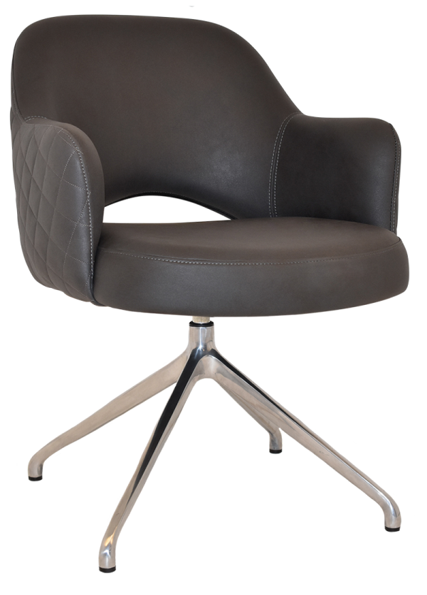 The Albury Trestle Armchair is a modern office chair featuring a padded dark brown leather seat and backrest, enhanced with diamond-stitched detailing on the sides. It boasts a sleek, curved design and is supported by a silver metal base with four legs, swiveling on a single central support.