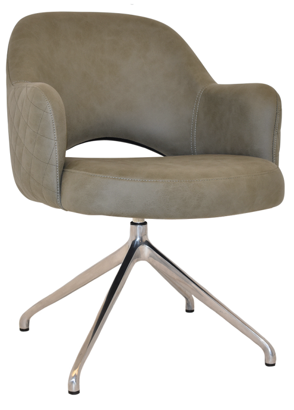 The Albury Trestle Armchair is a modern, upholstered swivel chair featuring beige leather and diamond-patterned stitching on the sides. It boasts a curved backrest, cushioned seat, and a sleek metal base with four legs. This design expertly combines comfort with contemporary style.