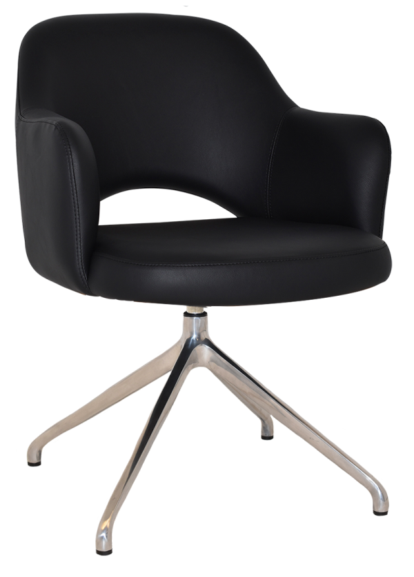 Introducing the Albury Trestle Armchair, a sleek and contemporary office chair featuring a modern black design with a curved backrest and armrests. It boasts a cushioned seat for comfort and is supported by a sturdy metal base with four legs, each ending in a caster for easy mobility.