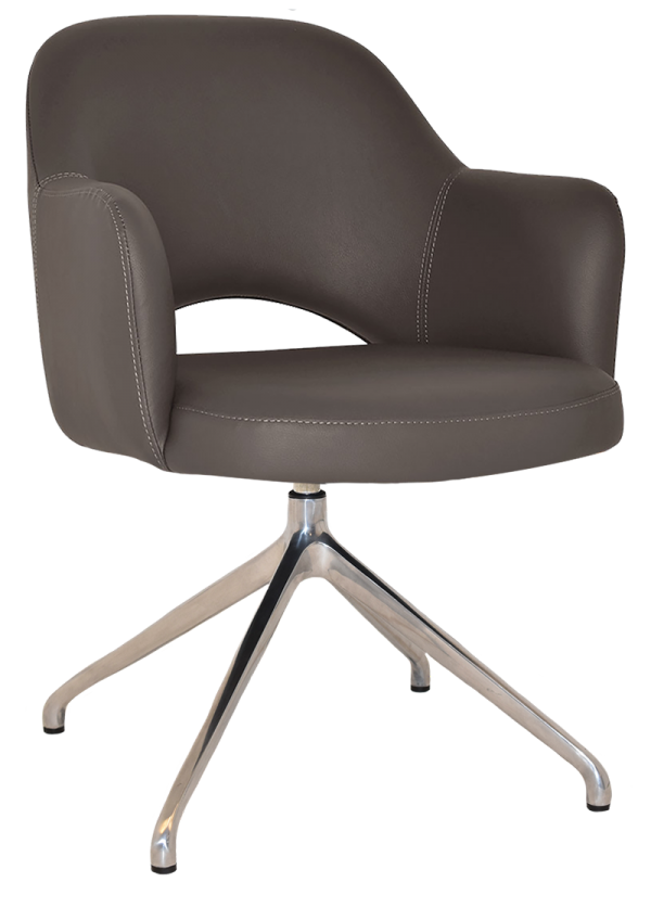 The Albury Trestle Armchair is a modern office chair with a sleek, black, cushioned seat and backrest. It features white stitching along the edges and has open sides. The chair sits on a shiny, silver, five-pointed base with wheels.