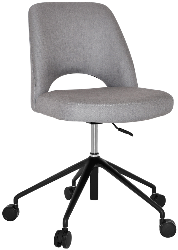 The Albury Castor Chair is a modern office chair with a light gray upholstered seat and backrest, featuring a subtle curve and cutout at the lower back. It has a black metal base with five legs, each ending in a caster wheel for mobility, and includes a lever beneath the seat to adjust height.