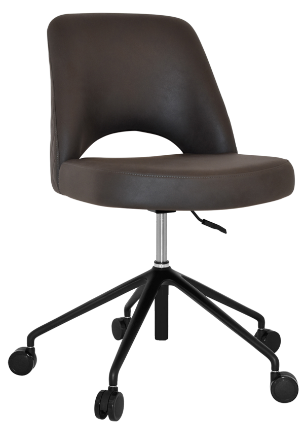 The Albury Castor Chair is a modern office chair with a brown leather seat, a curved backrest featuring a cut-out section at the base, and black metal legs. It is equipped with five rolling casters and a height adjustment lever.