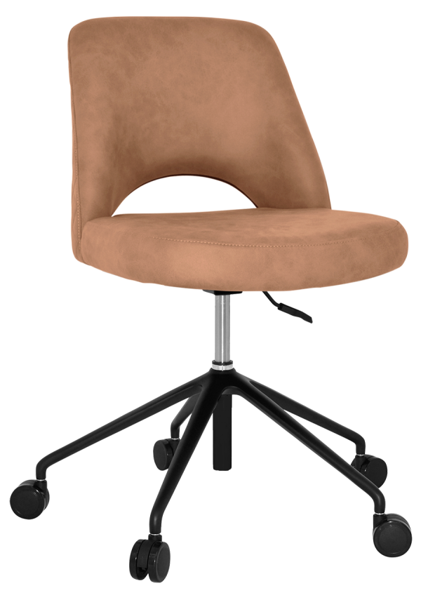 The Albury Castor Chair is a modern, cushioned office chair with light brown suede-like fabric. It features a curved backrest with an arched cutout for lumbar support, a black metal base, and five caster wheels for mobility. The chair also has an adjustable height lever on the right side.
