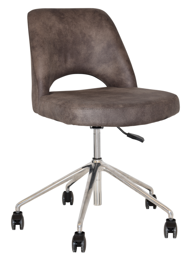 The Albury Castor Chair is a brown upholstered office chair featuring a curved backrest and an open lower back section. It offers a cushioned seat, a lever for height adjustment, and a chrome base with five caster wheels for easy mobility.