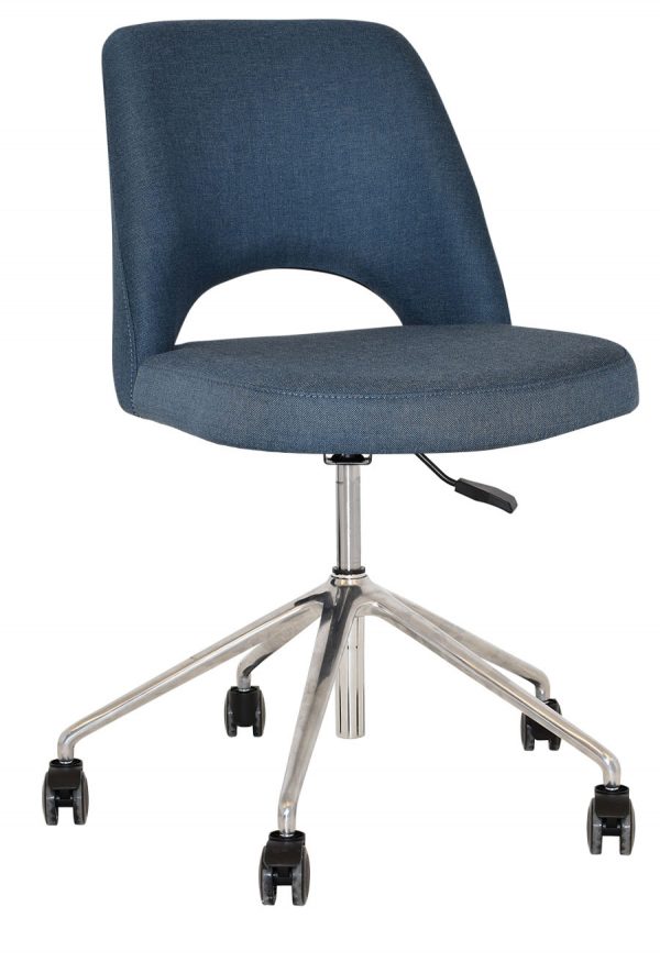 The Albury Castor Chair features blue upholstery and a curved backrest with a small cut-out at the lower back area. It has a seat mounted on a metal base with five wheels, and includes a lever for height adjustment.