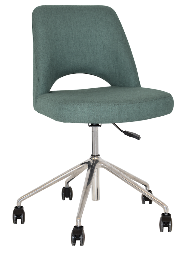 The Albury Castor Chair is a green upholstered office chair boasting a curved backrest with an eye-catching cut-out design. It features a sleek chrome base fitted with five wheels for easy mobility and includes an adjustable height lever. Both the seat and backrest present a smooth, modern aesthetic.