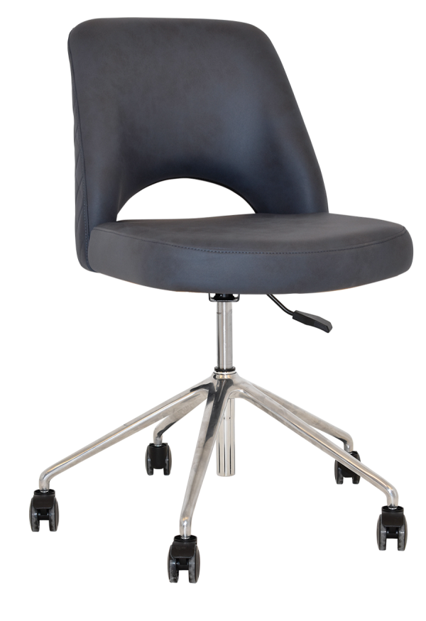 The Albury Castor Chair features a modern design with a curved, cushioned backrest and seat upholstered in dark grey. It has a chrome base equipped with five wheels for easy mobility and an adjustable height lever conveniently located on the right side.