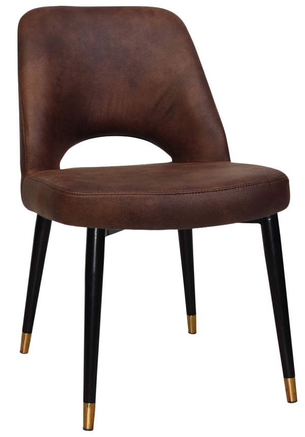 The Albury Black Brass Metal Leg Chair is a sleek and modern dining chair featuring a brown leather seat with a slightly curved backrest and an open lower back section. The chair stands on black, tapered legs with gold tips at the bottom, adding to its sophisticated design.