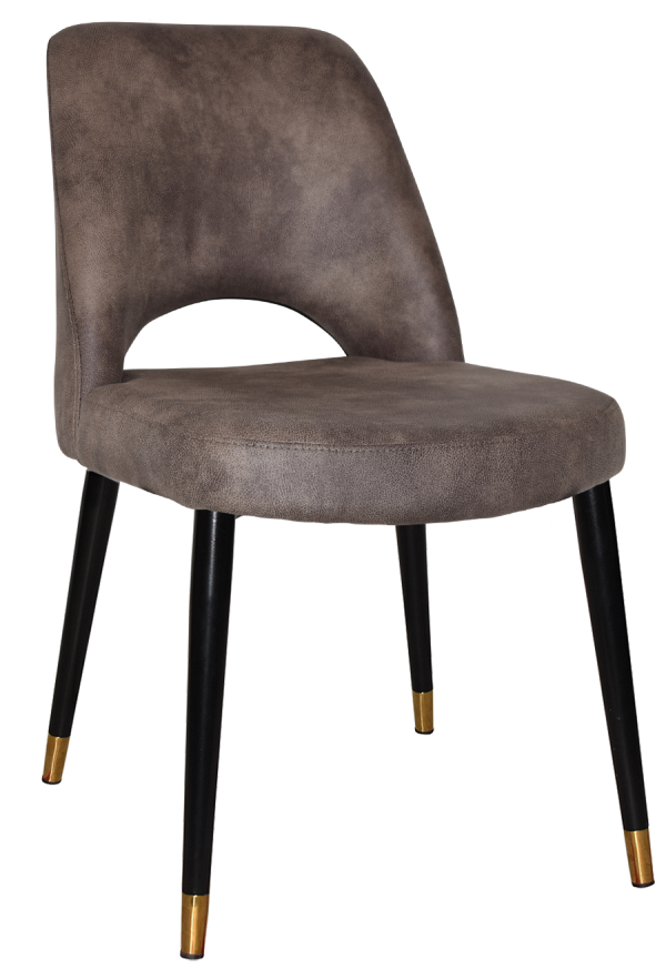 The Albury Black Brass Metal Leg Chair is a modern dining chair with a cushioned seat and backrest upholstered in brown fabric. It features an open space at the lower back and rests on four slender black legs with gold-tipped feet.