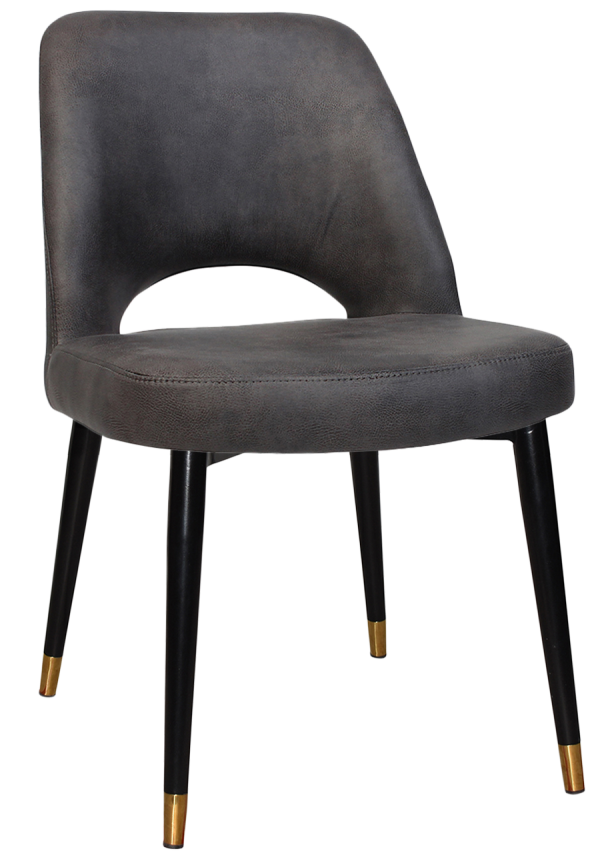 The Albury Black Brass Metal Leg Chair is a modern dining chair with a dark gray, padded seat and backrest, featuring a small cut-out at the lower back. The chair has four black legs, each tipped with a gold accent at the bottom, blending contemporary and minimalist aesthetics seamlessly.