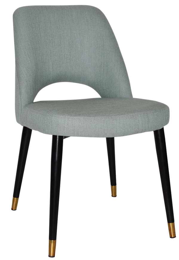 Introducing the Albury Black Brass Metal Leg Chair, featuring a contemporary design with a light gray, curved, upholstered seat and backrest. It stands on four black legs that are elegantly accented with gold detailing at the tips. A distinctive open space just above where the backrest meets the seat adds to its modern flair.