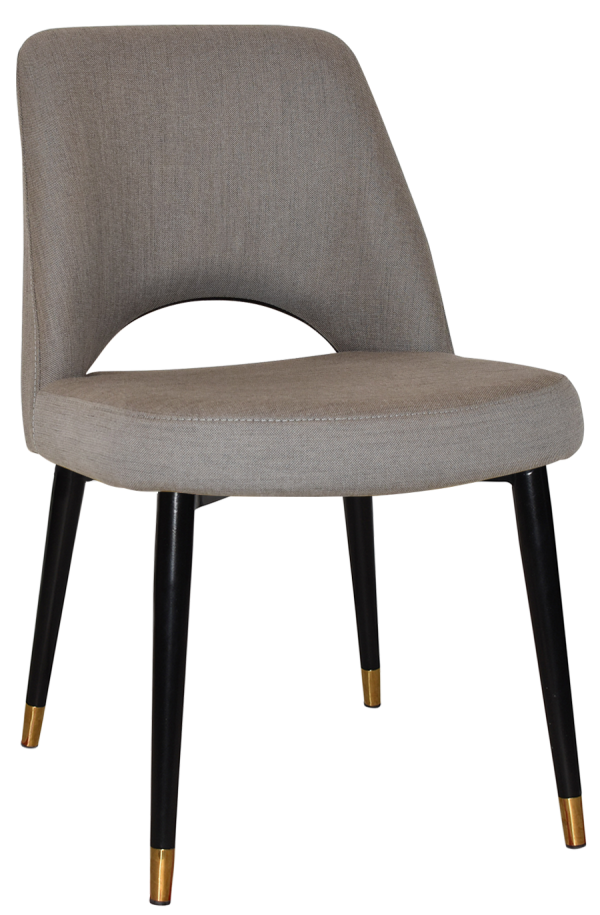 Introducing the Albury Black Brass Metal Leg Chair, featuring a contemporary gray fabric-covered backrest and seat with gentle curves. The chair is supported by slim black legs accented with gold-colored tips, creating an elegant contrast. Its minimalist design makes it ideal for both dining and office spaces.