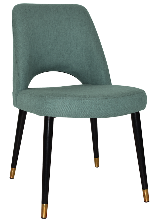 The Albury Black Brass Metal Leg Chair is a modern piece featuring a teal upholstered seat and backrest with a stylish cut-out design at the bottom. It boasts sleek black tapered legs, accented with elegant gold-tipped feet.