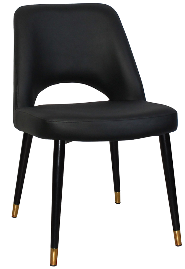 The Albury Black Brass Metal Leg Chair is a modern piece featuring a curved backrest and a smooth seat cushion. It boasts slim, tapered legs that are black with gold tips, enhancing its sleek and minimalistic design.