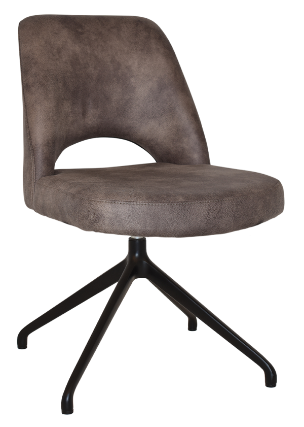 Introducing the Albury Trestle Chair: a contemporary dining chair with a cushioned seat and backrest upholstered in luxurious brown suede-like material. The chair features a unique cut-out design at the lower back and is supported by four sleek, black metal legs arranged in a central base.