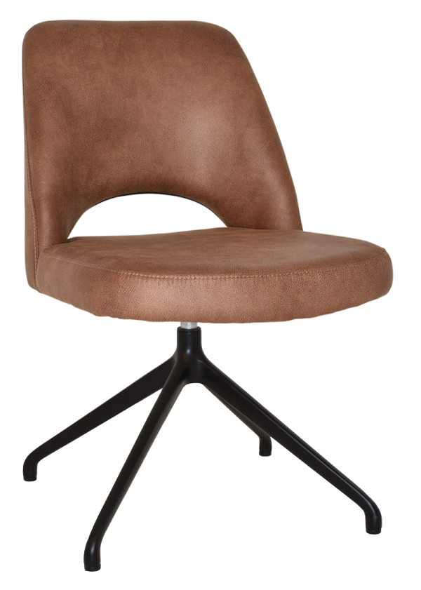 The Albury Trestle Chair is a modern, brown leather chair featuring a cushioned seat and backrest. The backrest boasts a curved design with an open lower section, all supported by a sleek black, four-legged metal base.