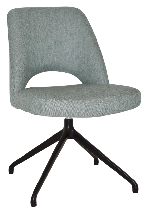The Albury Trestle Chair is a modern seating option with light gray upholstery, characterized by a rounded backrest that includes a stylish cut-out design at the bottom. It stands on a black, four-legged metal base that extends outward to ensure stability.